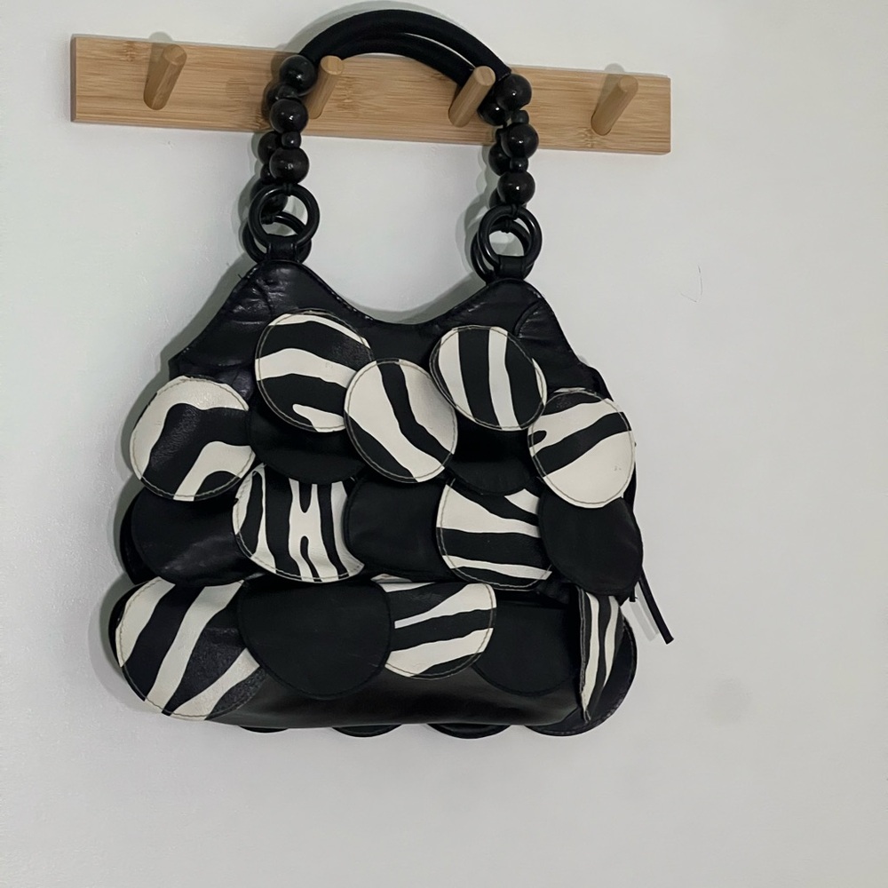 Vintage Black & White Zebra Patchwork Shoulder Bag w/ beaded straps well loved